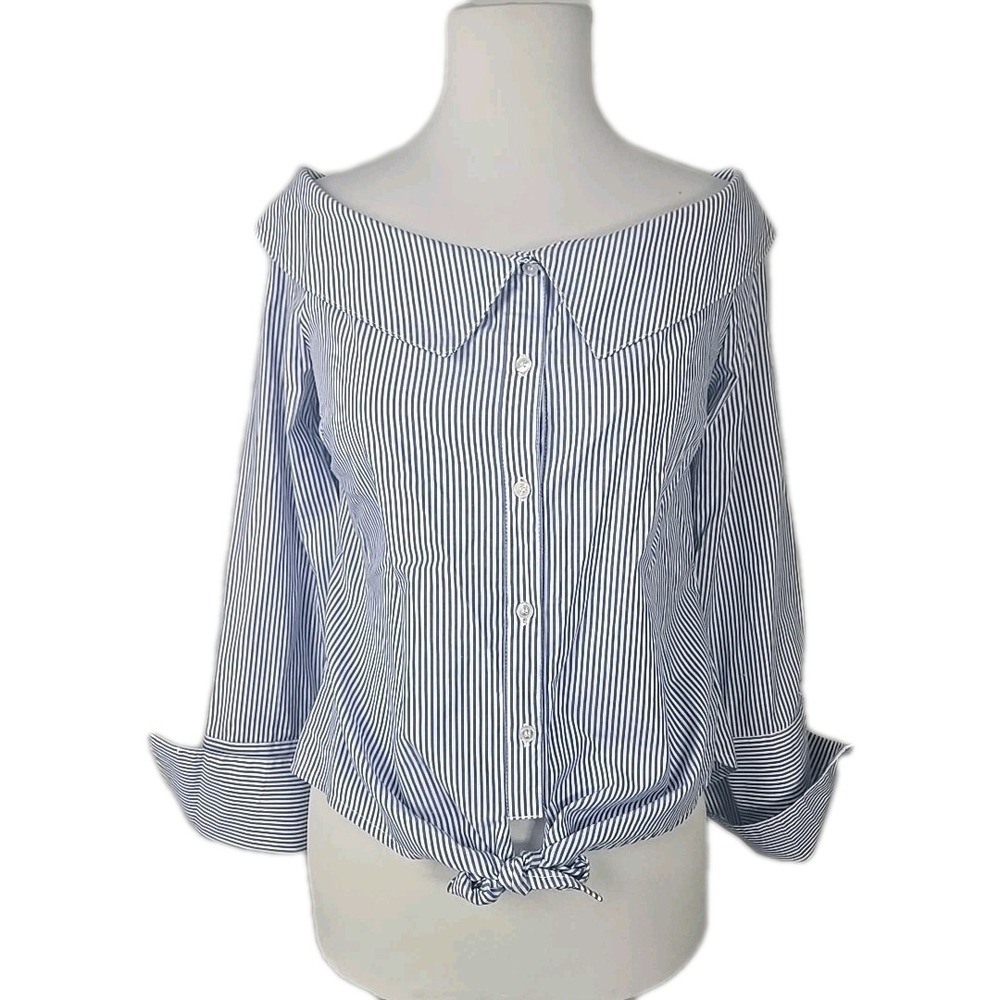Romeo + Juliet Couture Pinstripe Poplin Button Tie Front Off Shoulder Top Medium